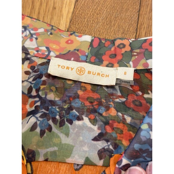 Tory Burch Kia Tie Neck Silk Blouse Orange Long Sleeve Multi Floral Size 6 - Picture 5 of 14